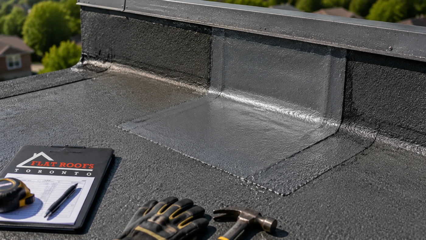 Close detail of a completed flat roof repair in Ajax showing a welded membrane seam and new flashing