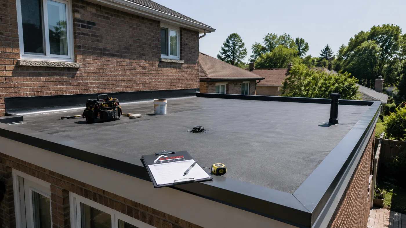 Low-slope flat roof section on an Ajax suburban home needing flat roof repair in Ajax