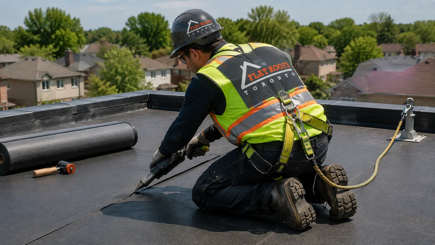 Roofer in full safety gear performing flat roof repair in Ajax on a low-slope membrane section