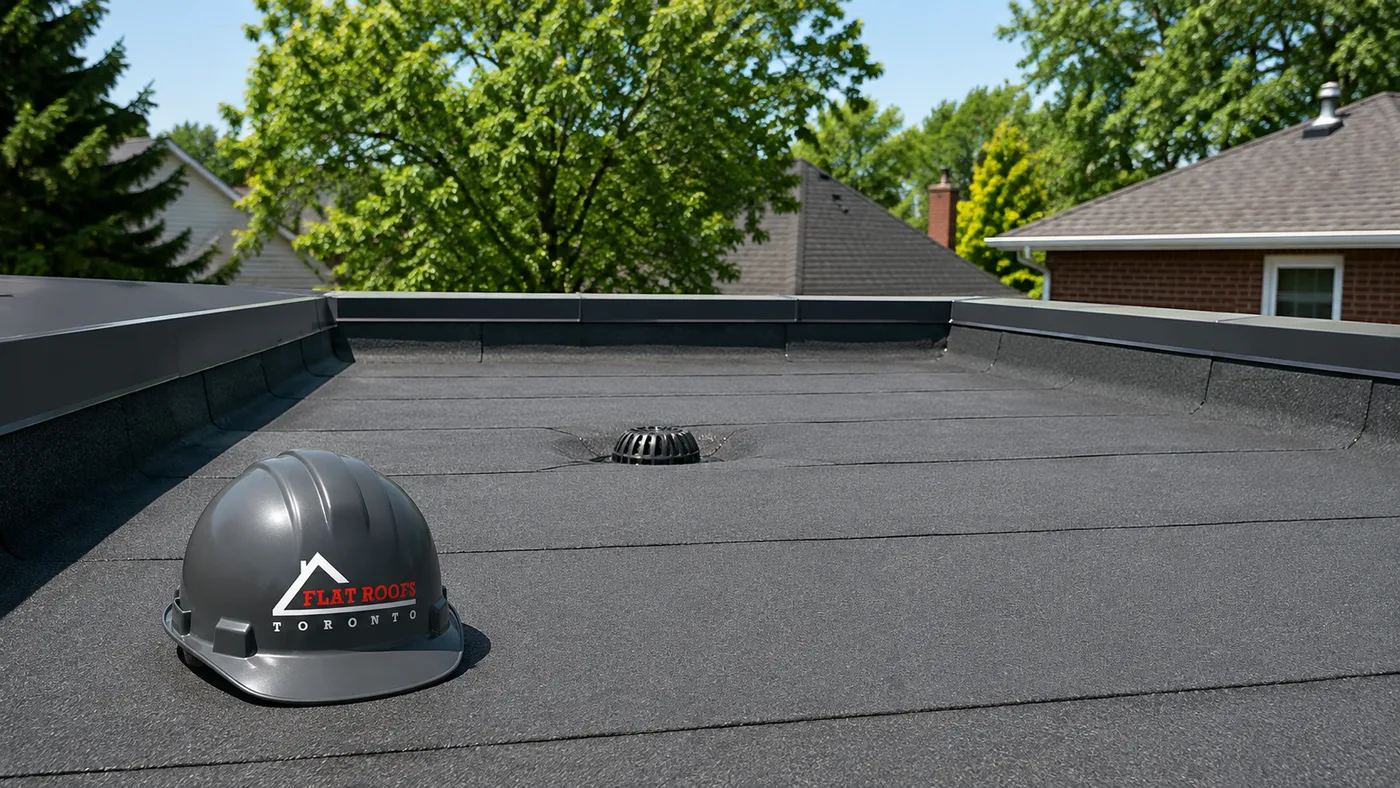 Low-slope residential flat roof repair in Oshawa showing a dark membrane surface, parapet edge and roof drain