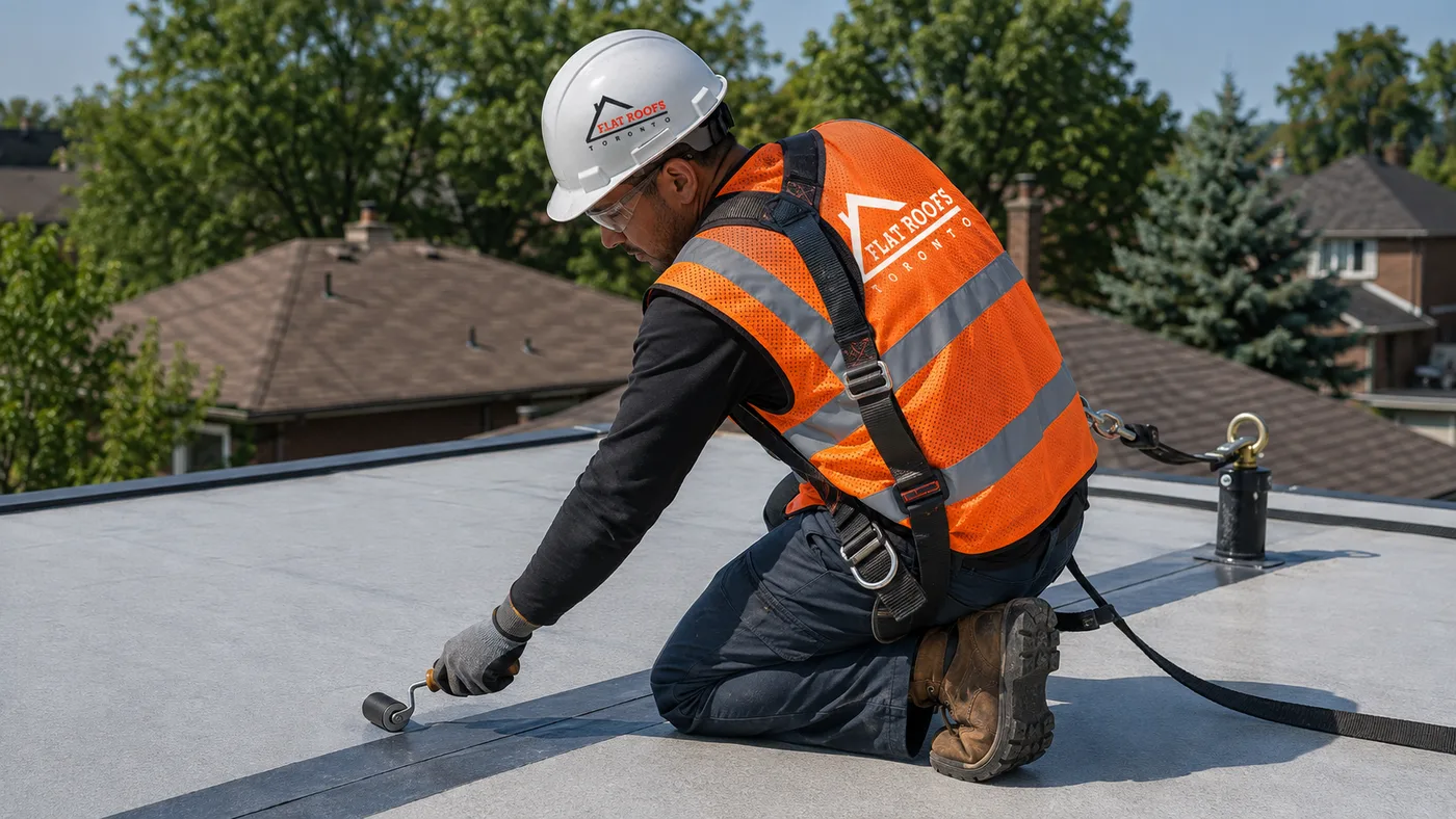 Roofer in full safety gear performing flat roof repair in Oshawa at a membrane seam on a residential low-slope roof