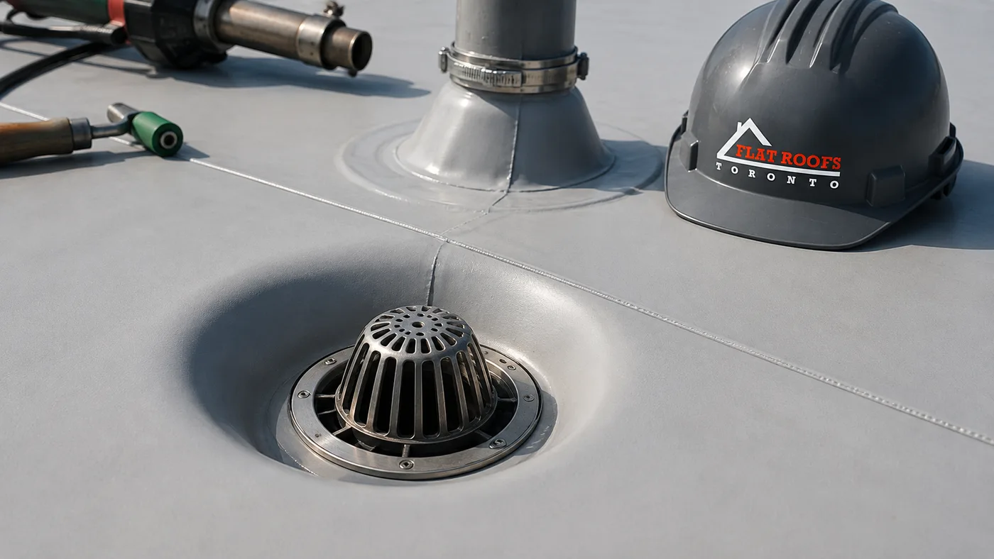 Close view of a welded seam and roof drain detail on a commercial flat roofing Oshawa membrane assembly