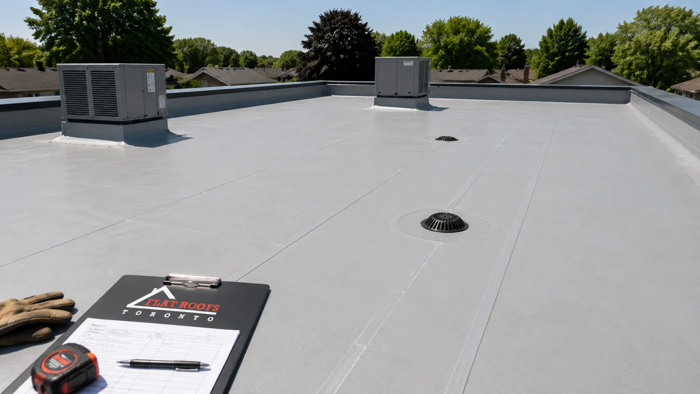 Commercial flat roofing Oshawa project showing a light grey membrane roof with drains and parapet walls