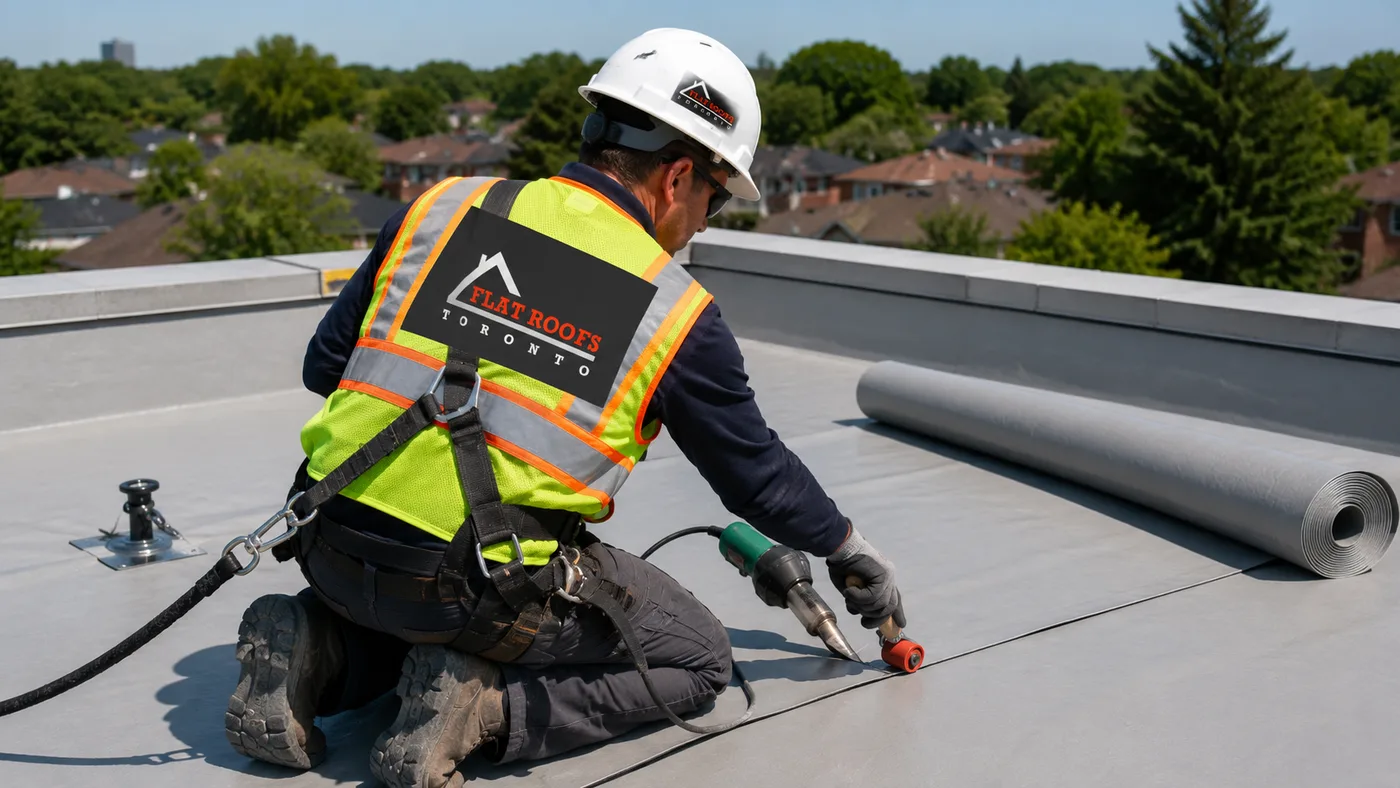 Roofer in full safety gear heat welding a seam during commercial flat roofing Oshawa installation work