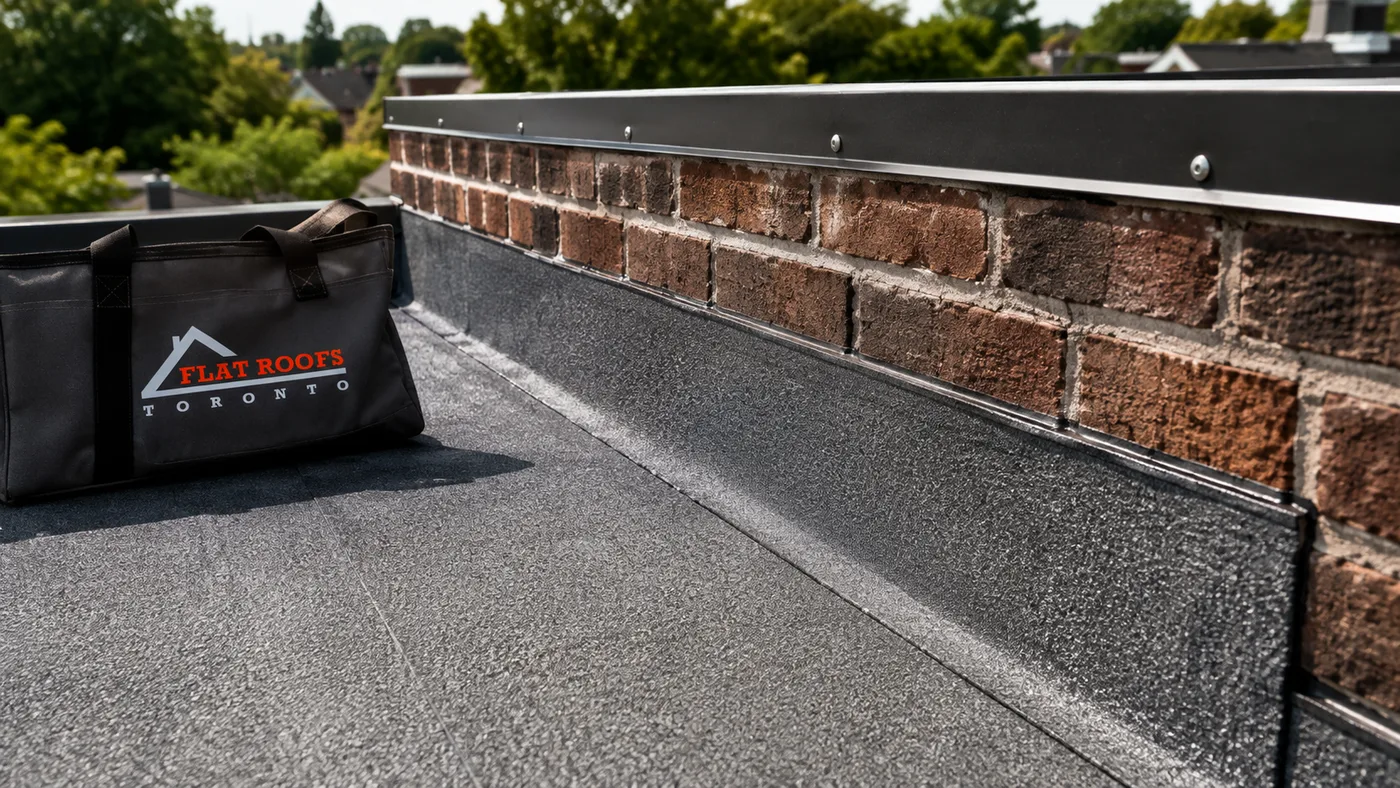 Close view of a completed membrane flashing detail after flat roof repair on a Pickering home