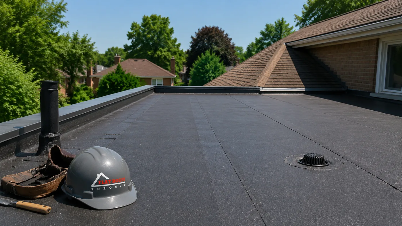 Low slope flat roof section on a suburban Pickering home showing membrane seams before flat roof repair