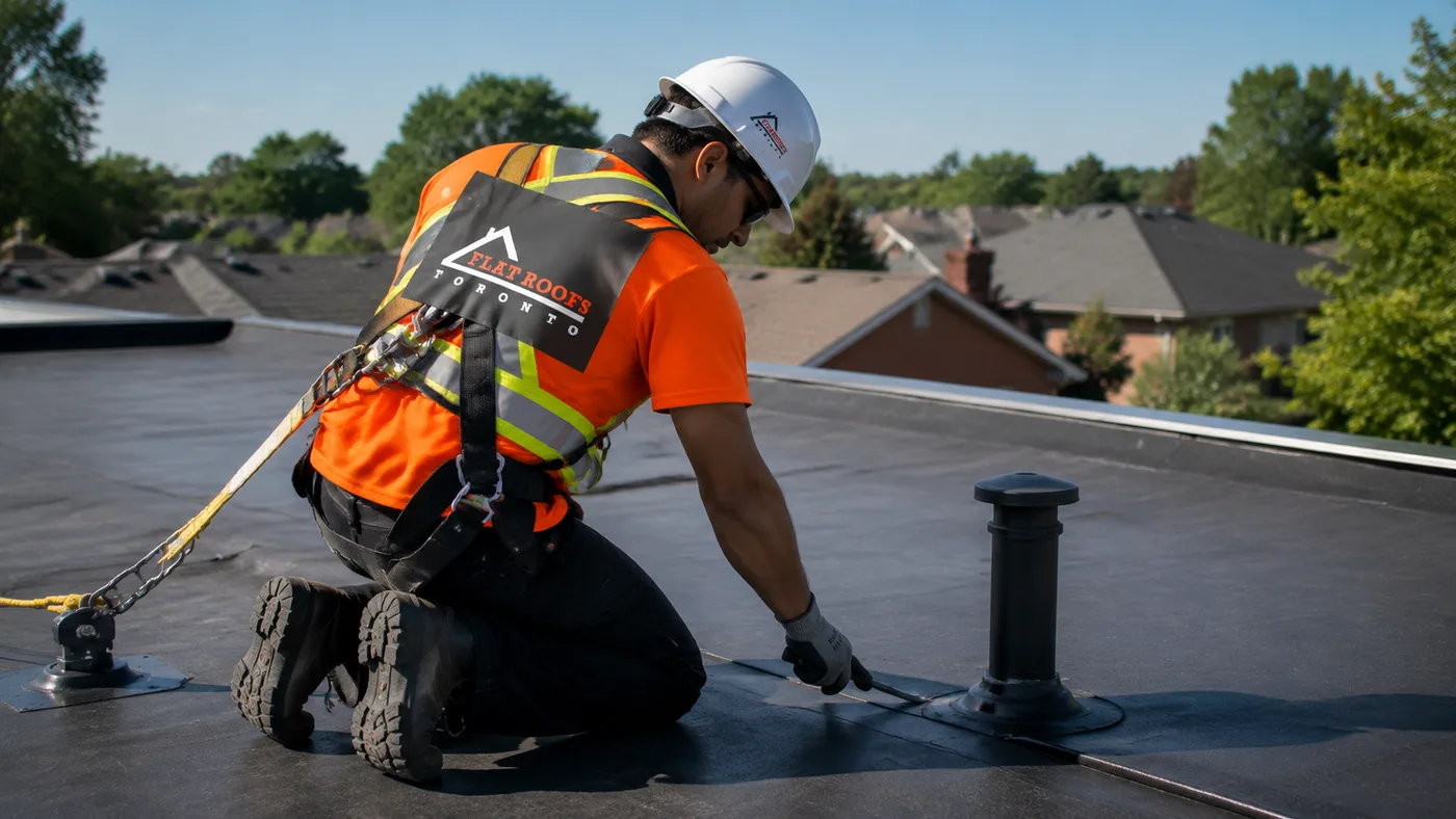 Roofer in full safety gear inspecting a membrane seam during flat roof repair Pickering homeowners scheduled
