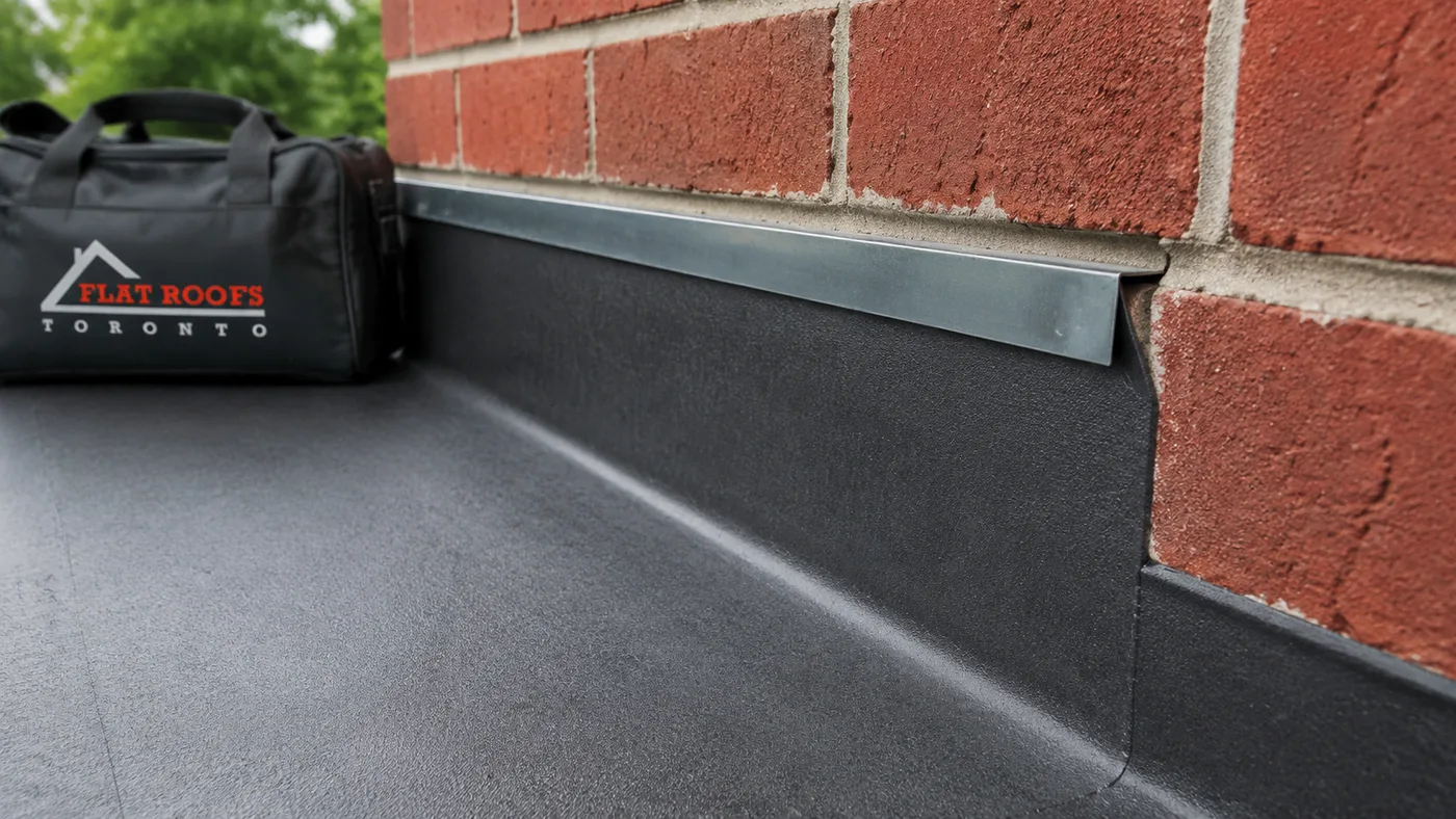 Close detail of flat roofing Oshawa membrane flashing terminating against a brick wall on a residential addition