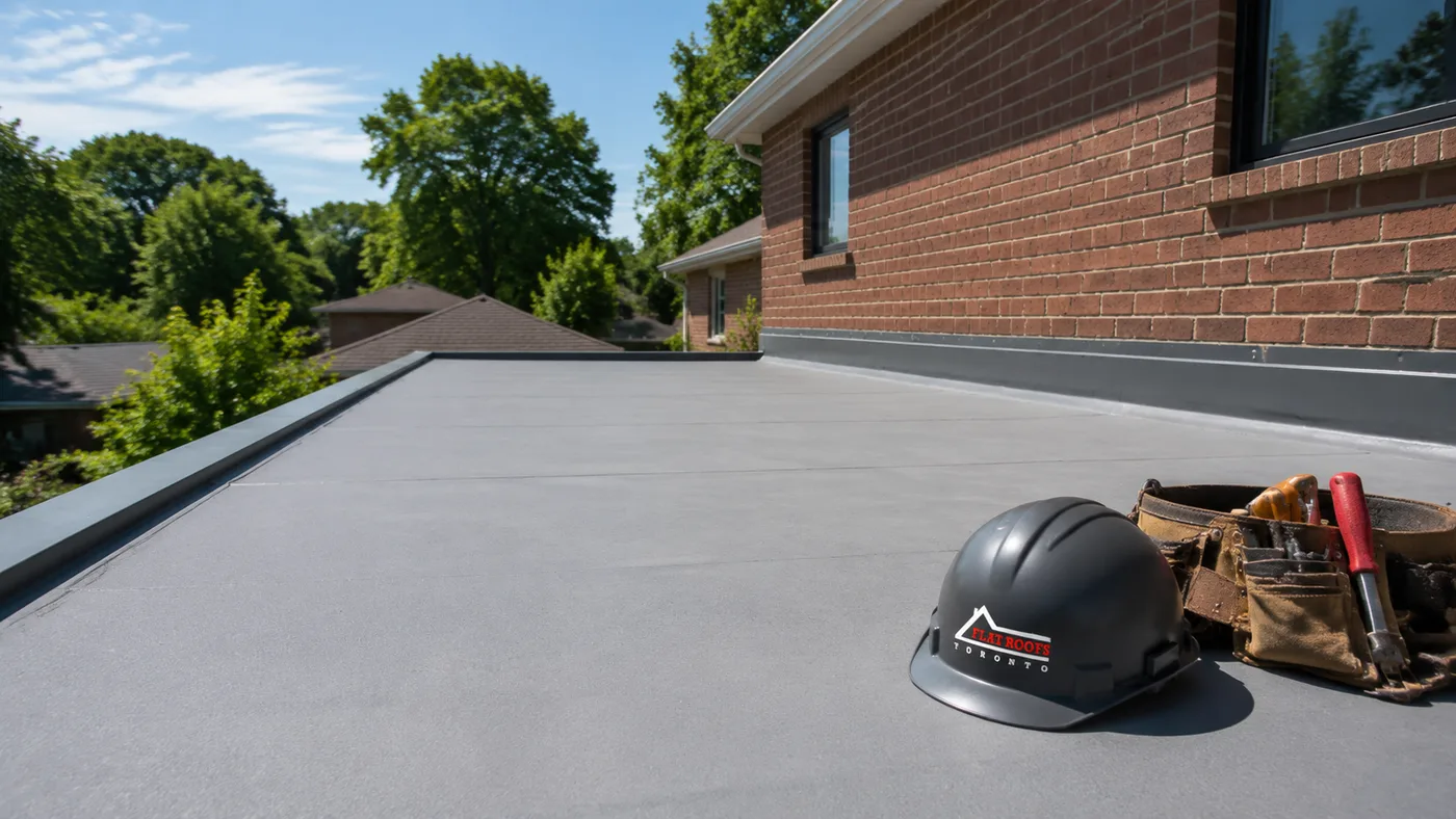 Flat roofing Oshawa project showing a low-slope membrane roof on a suburban Durham Region home