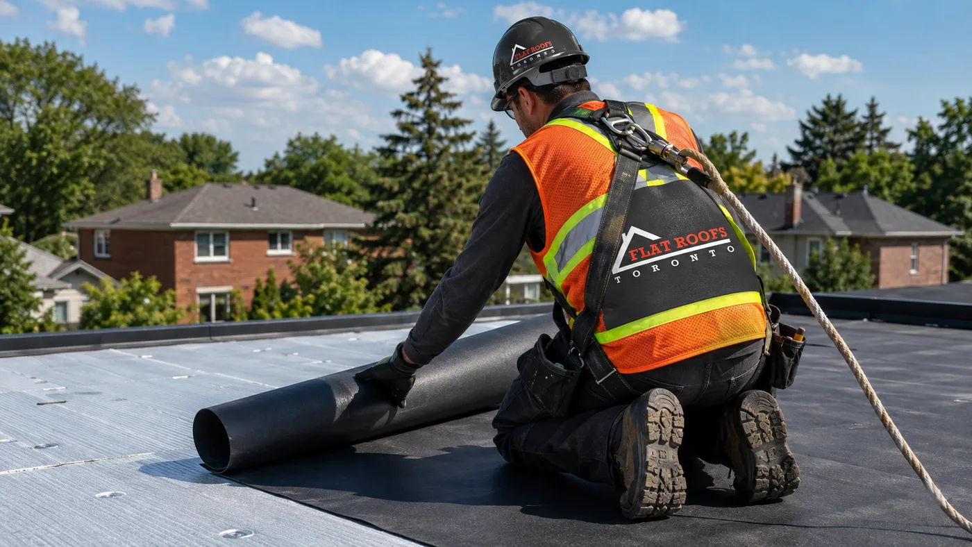 Roofer completing flat roofing Oshawa installation work by rolling membrane across a low-slope residential deck