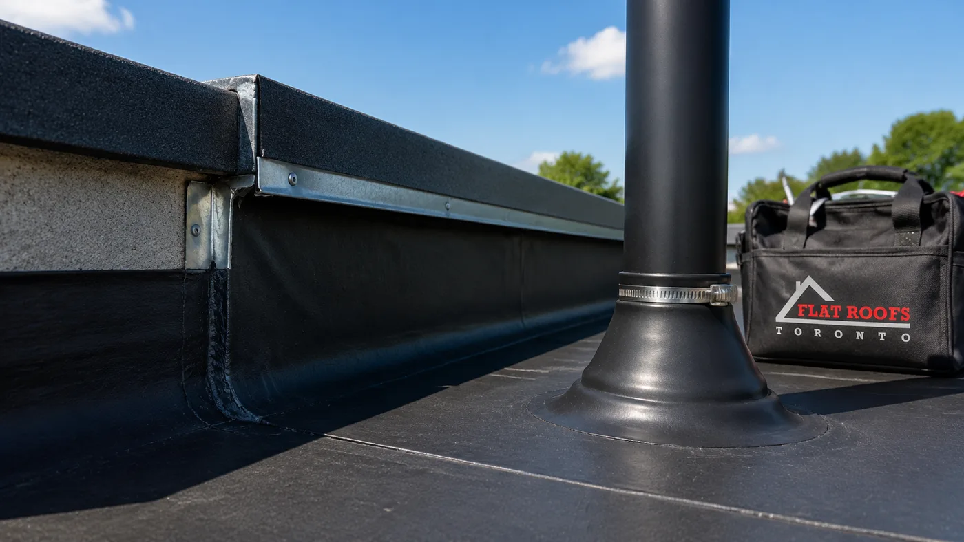Close-up of flat roofing Whitby membrane detailing at a parapet wall termination with metal edge flashing
