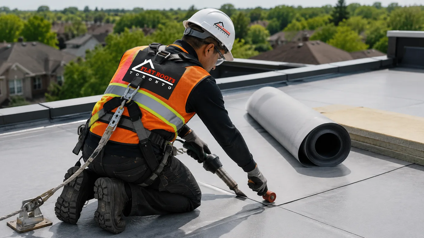 Roofing technician heat welding a single-ply membrane seam during a flat roofing Whitby installation