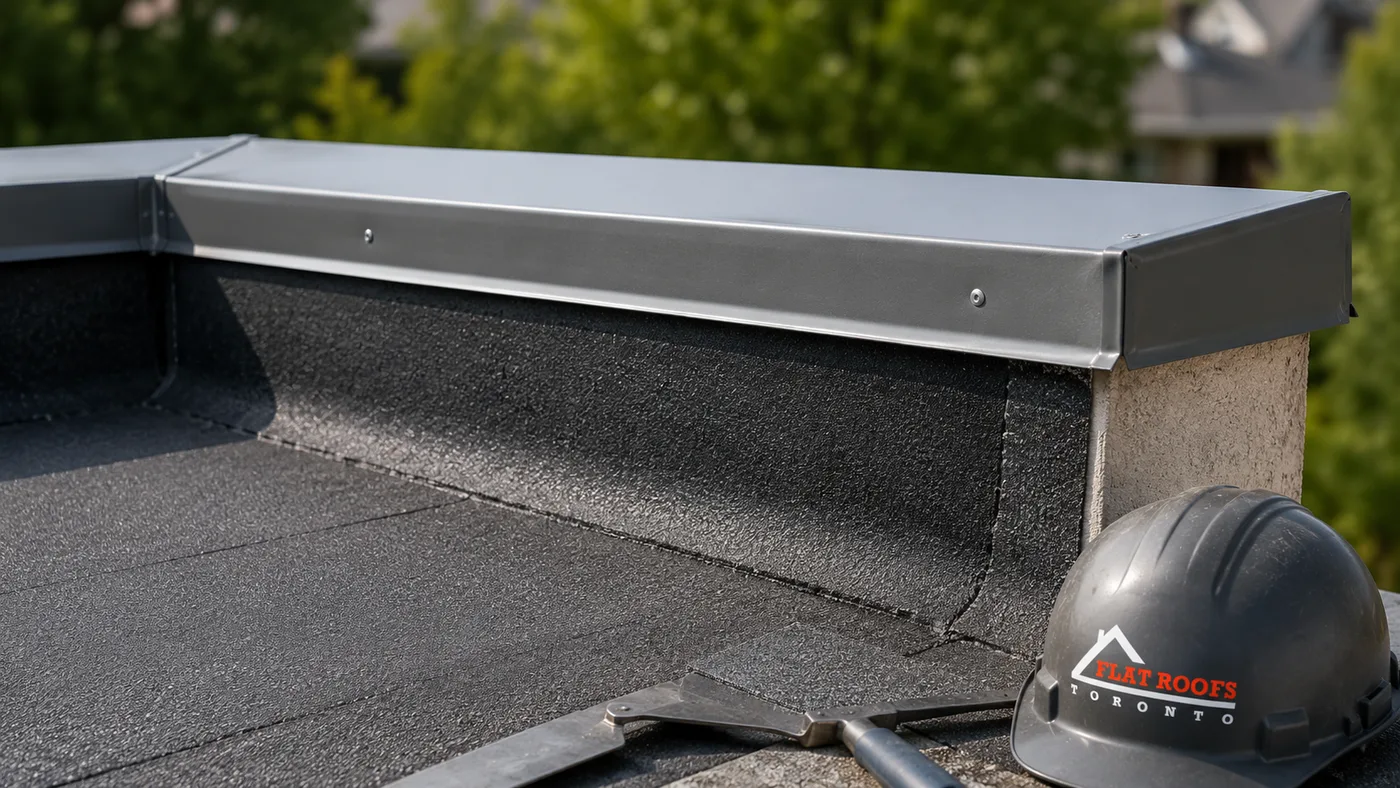 Close view of finished membrane flashing and parapet cap metal after flat roof replacement in Whitby