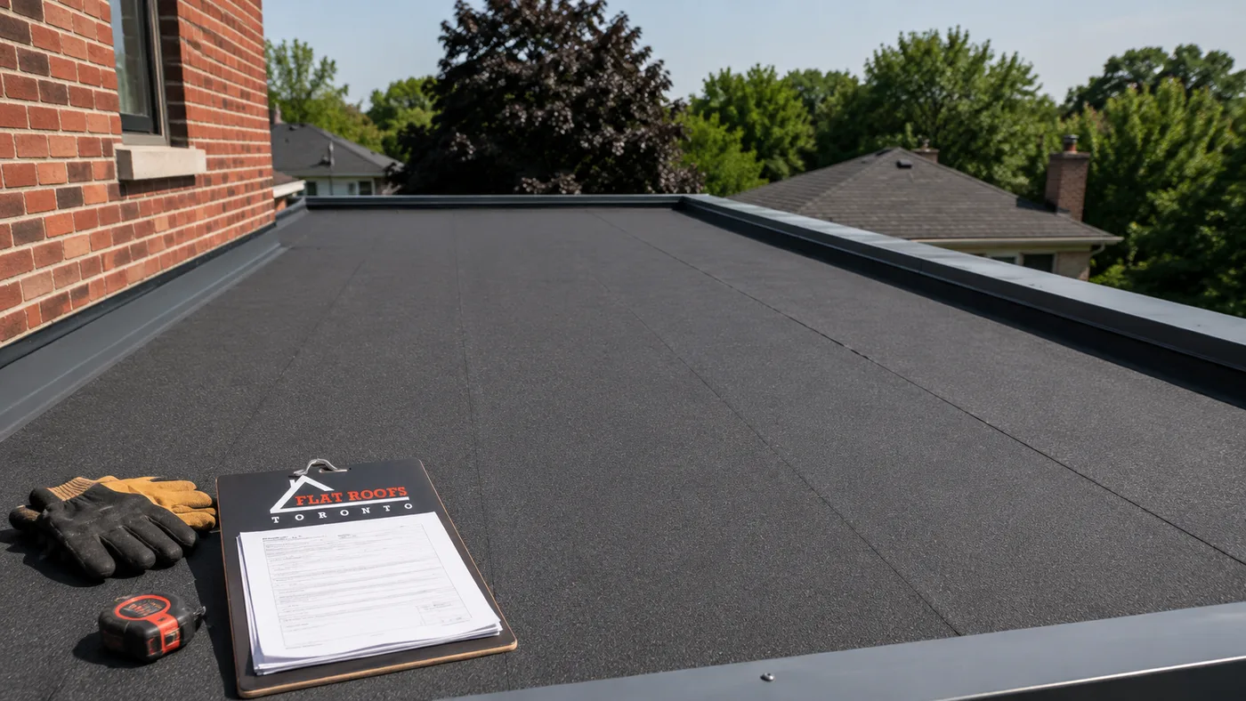 Newly installed flat roof membrane on a Whitby home ready after flat roof replacement in Whitby