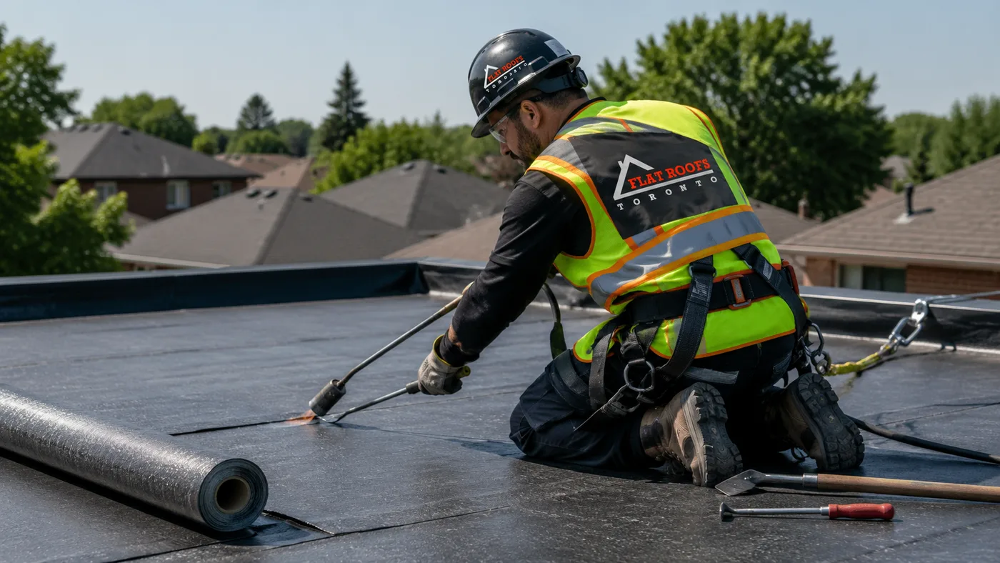 Roofer in full safety gear torching a modified bitumen seam during a flat roof replacement in Whitby