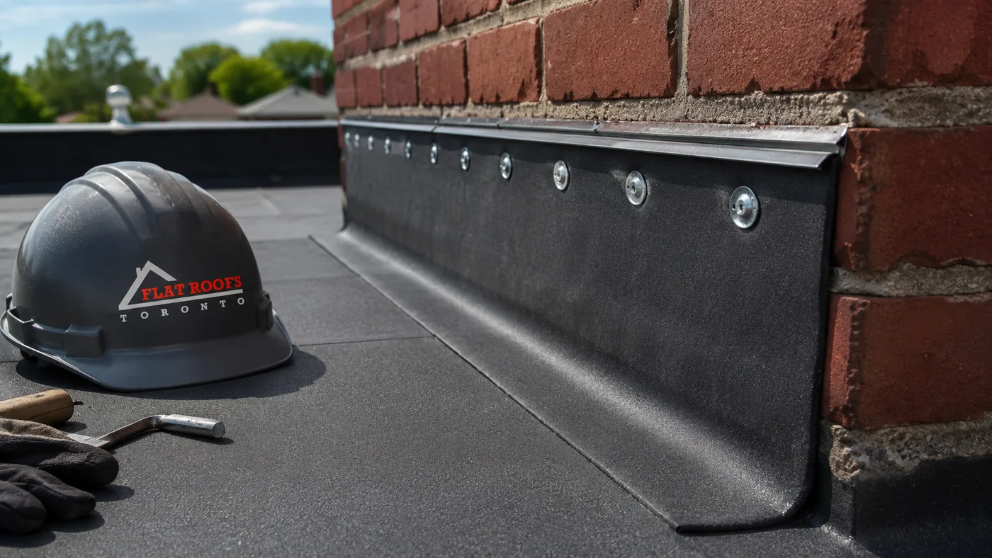 Close-up detail of membrane flashing and seam work from a flat roofing Ajax installation