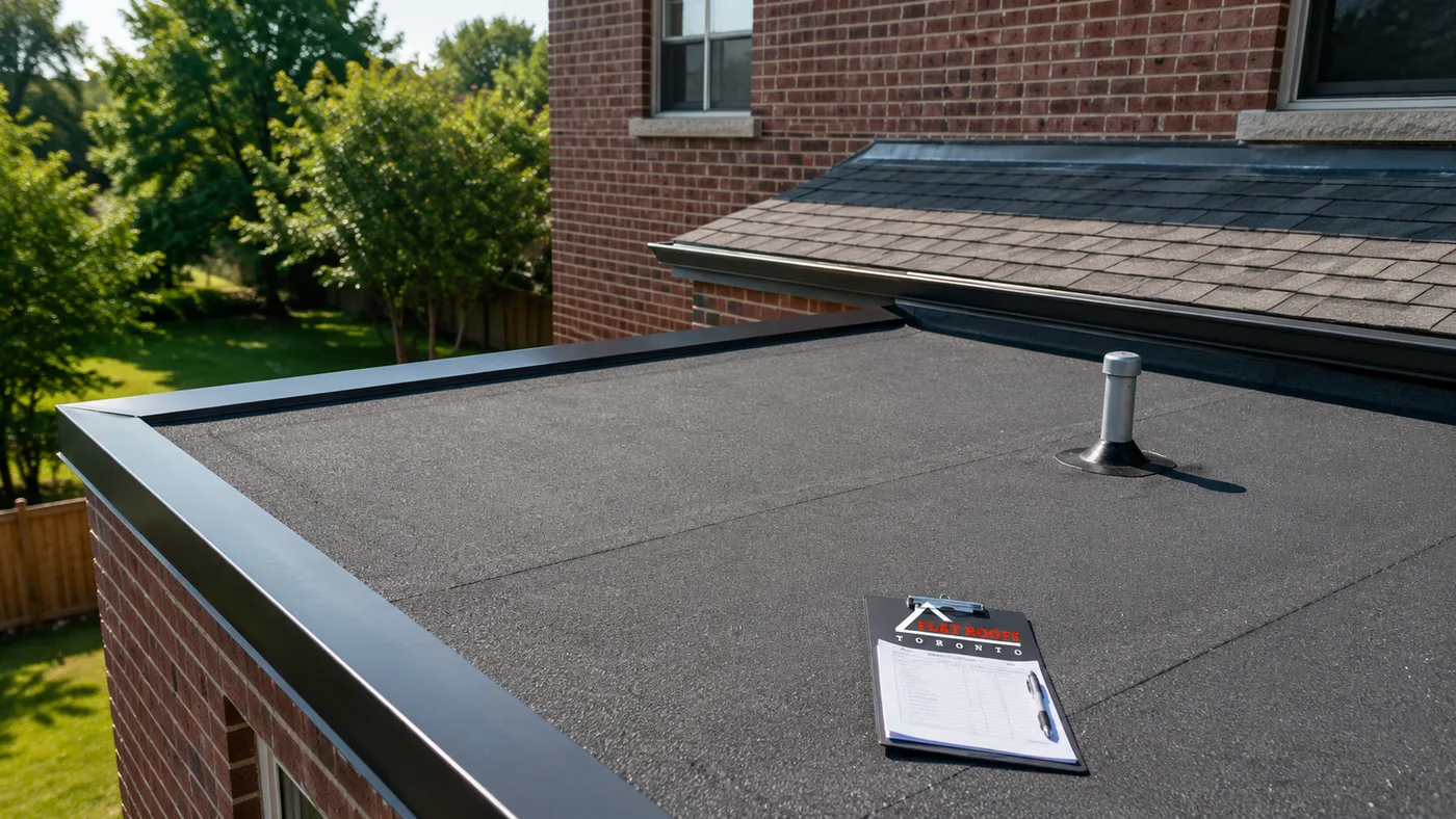 Flat roofing Ajax project showing a low-slope rear addition roof on a suburban brick home