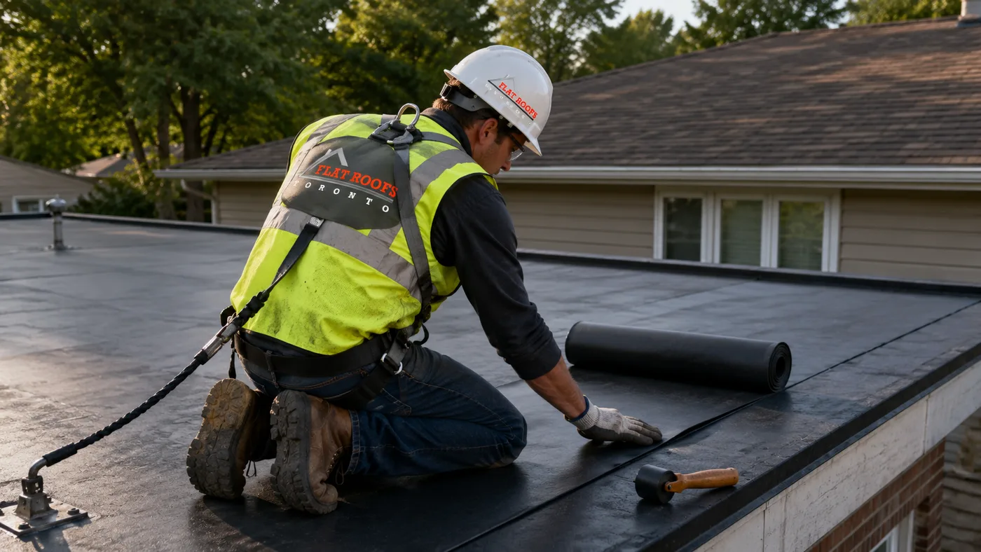 Roofer installing membrane during a flat roofing Ajax installation on a suburban garage roof