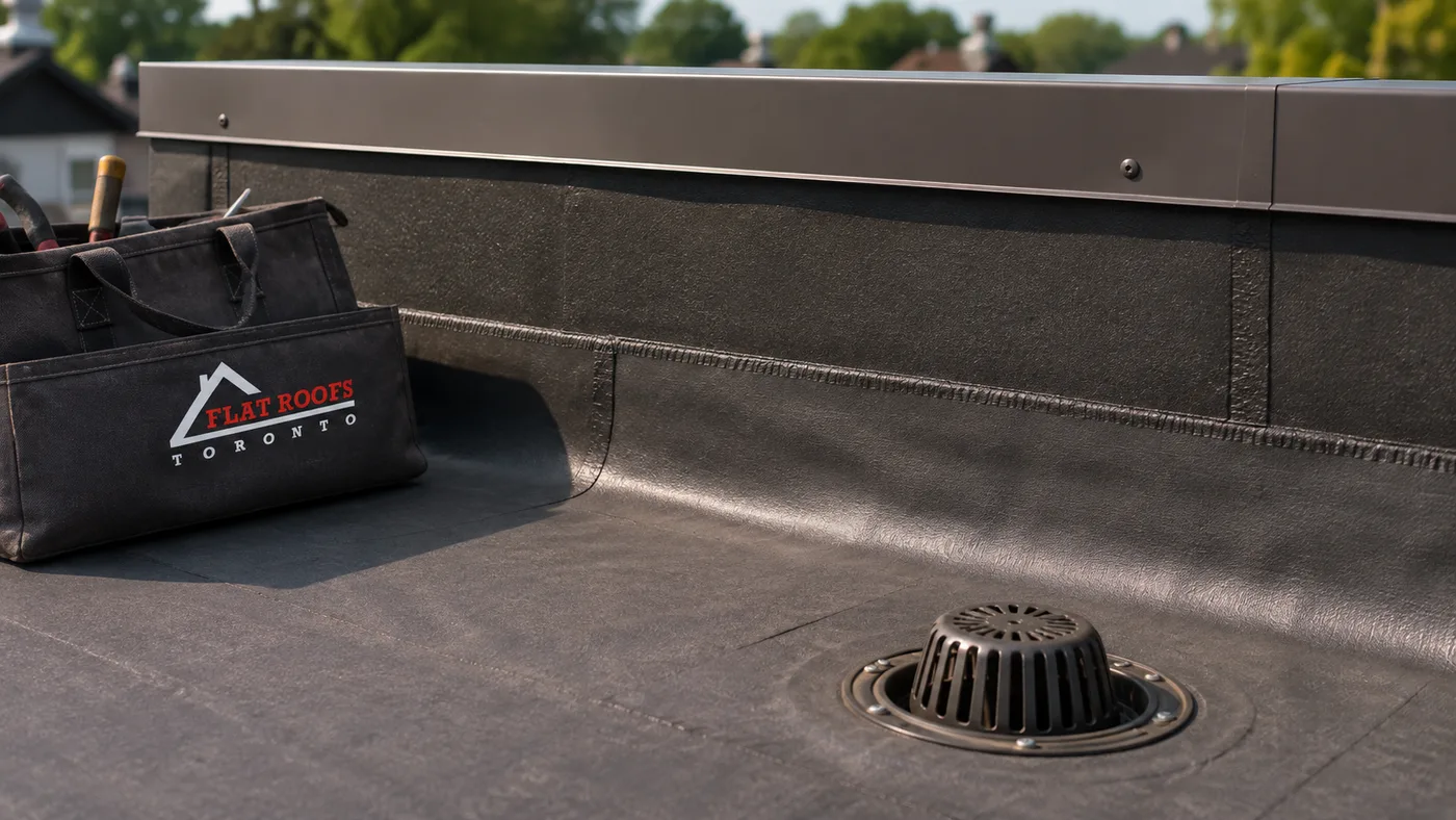 Close view of membrane seam and parapet flashing detail typical of commercial flat roofing in Durham Region