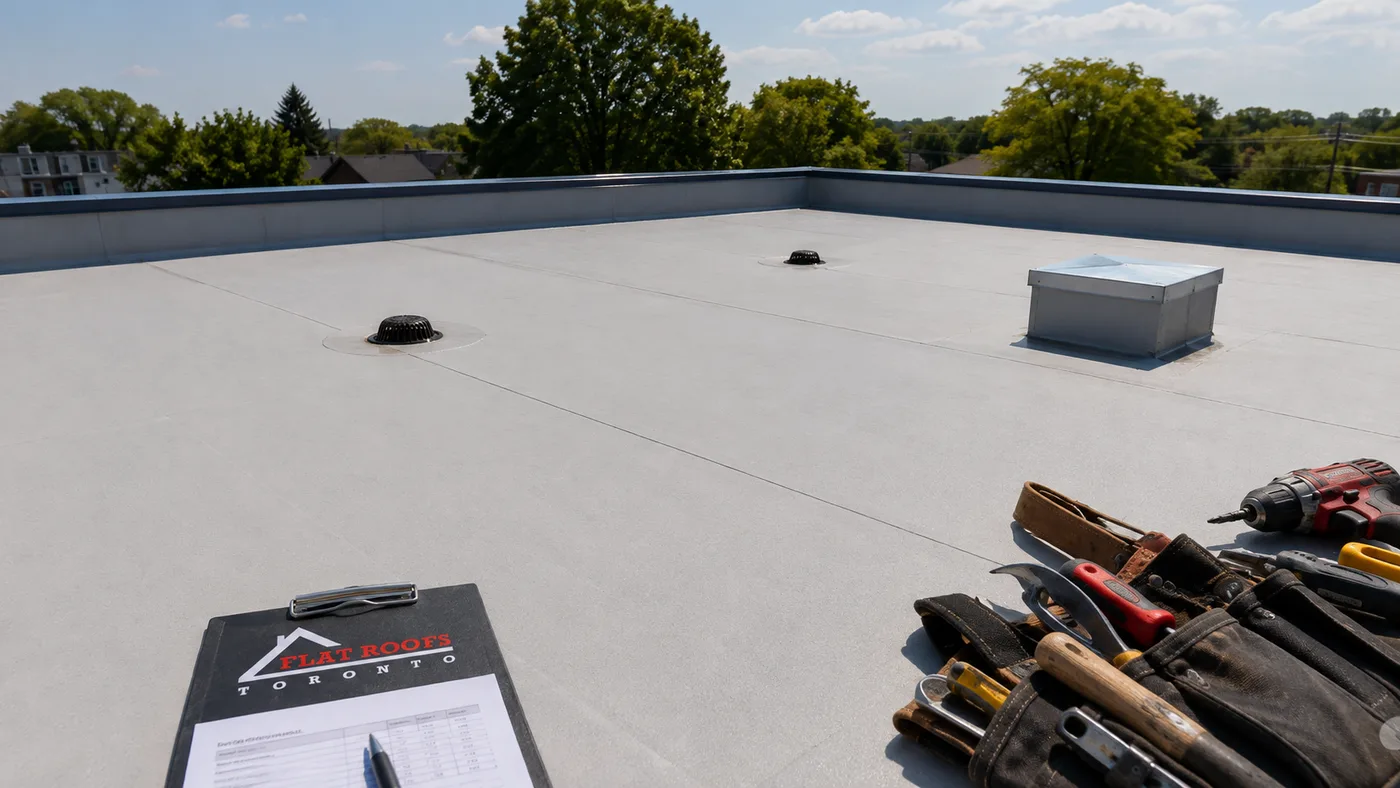 Commercial flat roofing in Durham Region shown on a low-slope membrane roof with drains and parapet walls