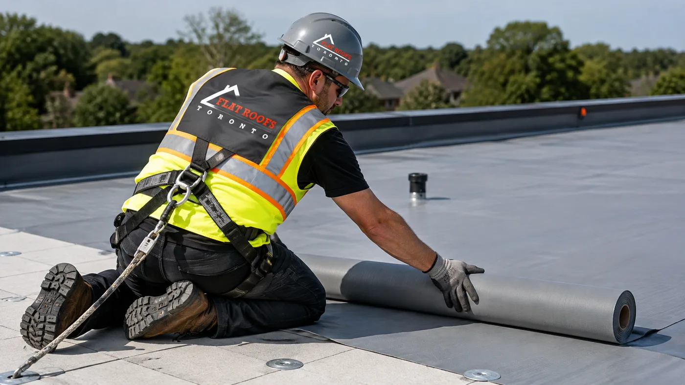 Roofer in full safety gear installing membrane during commercial flat roofing in Durham Region
