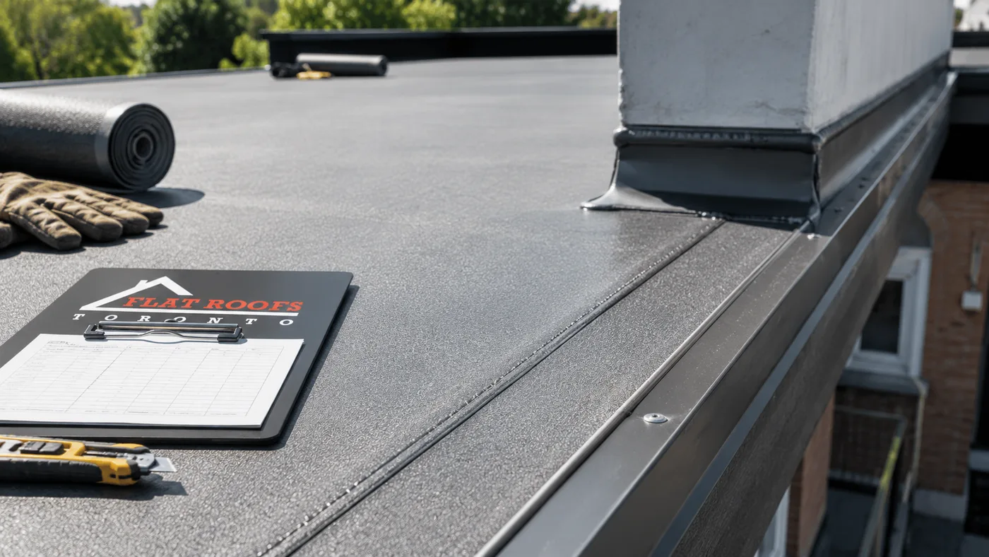 Close view of membrane seam and edge metal detail from a flat roof replacement in Oshawa