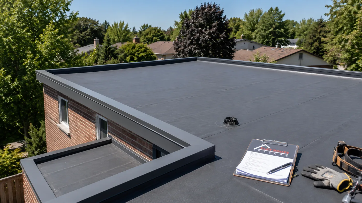 Newly completed flat roof replacement in Oshawa on a suburban home with clean membrane seams