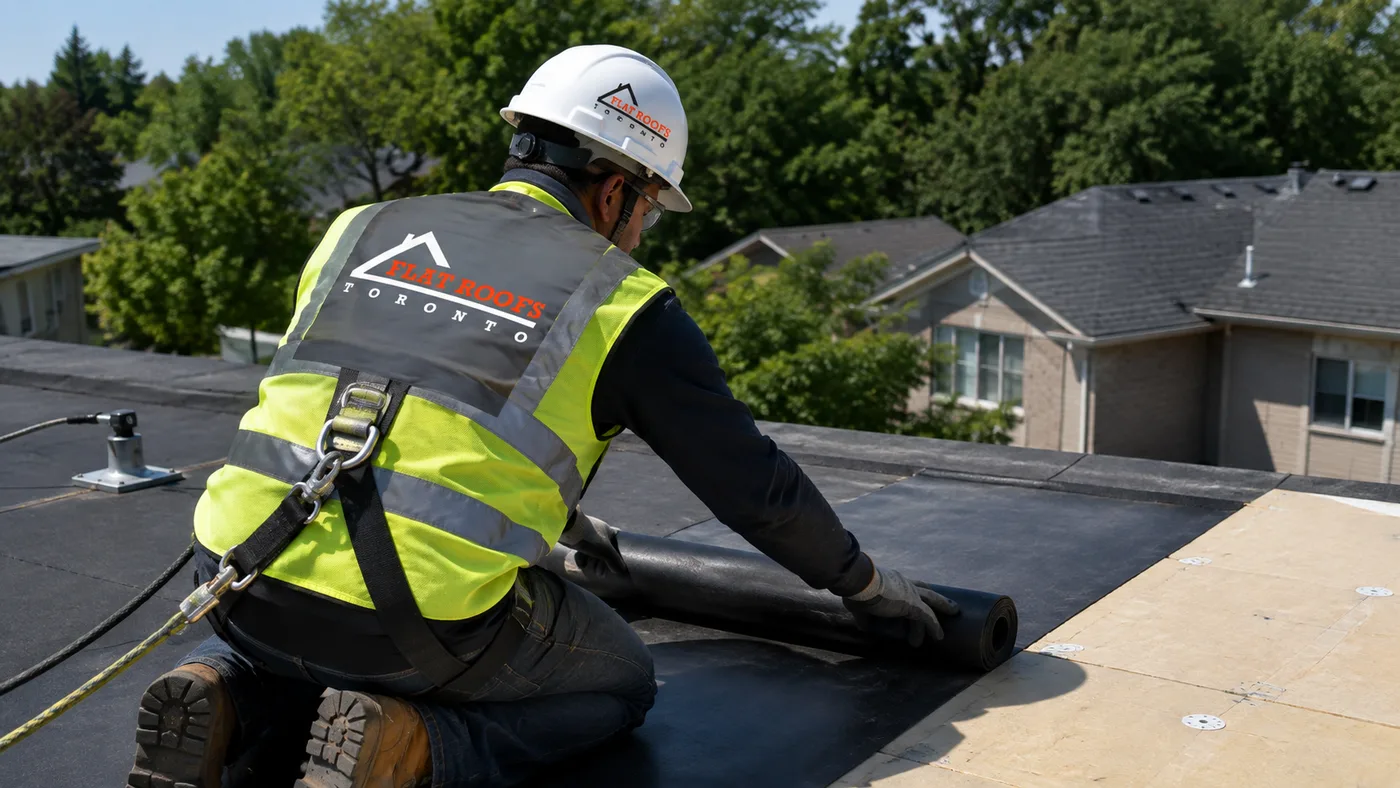 Roofer in full safety gear installing membrane during a flat roof replacement in Oshawa