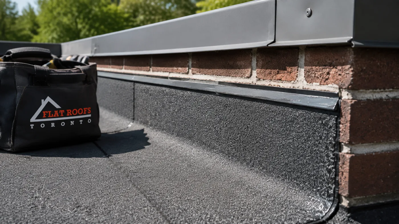 Close view of membrane seam and flashing detail from a flat roofing Durham Region installation
