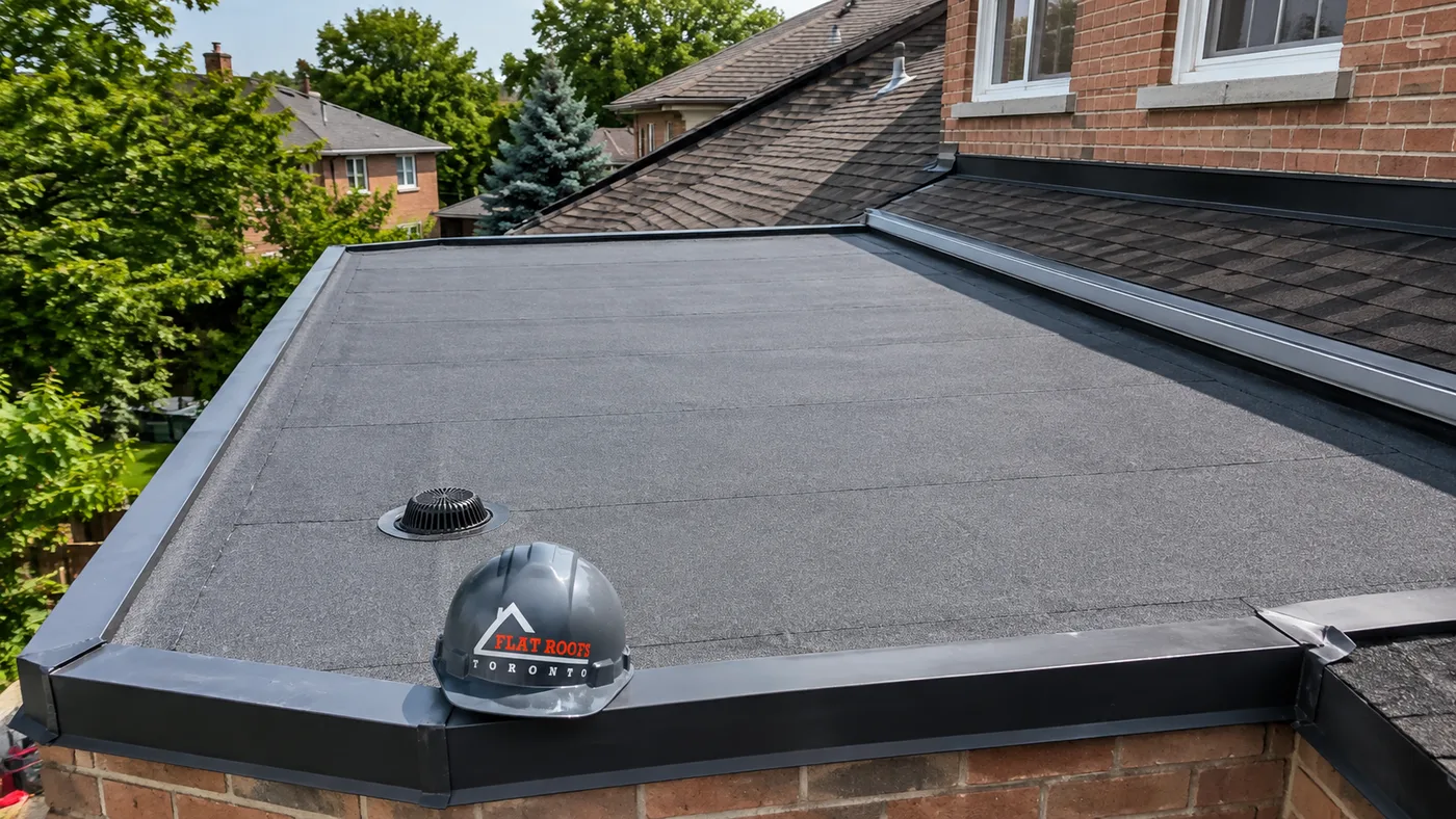 Modern low-slope membrane roof on a suburban home, typical of flat roofing in Durham Region