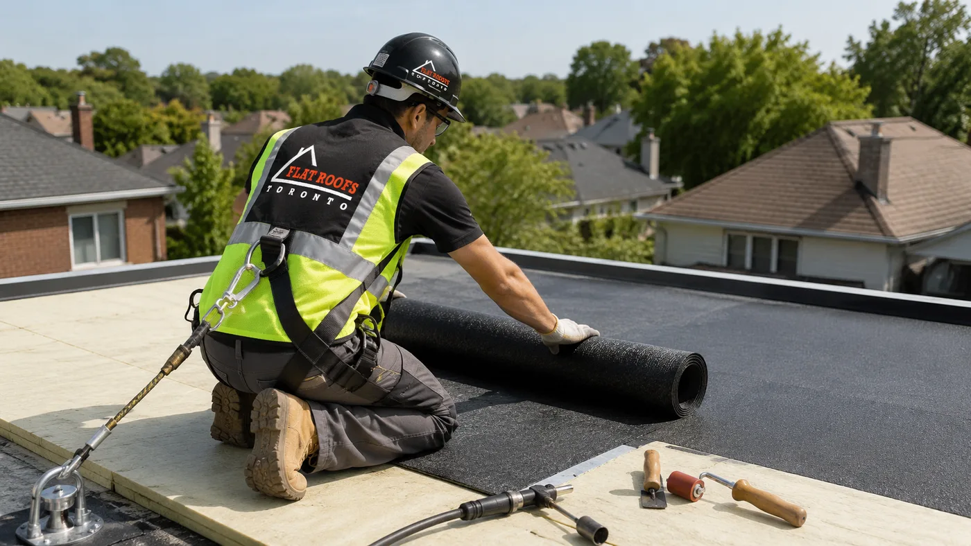 Roofer in full safety gear installing membrane during a flat roofing Durham Region installation