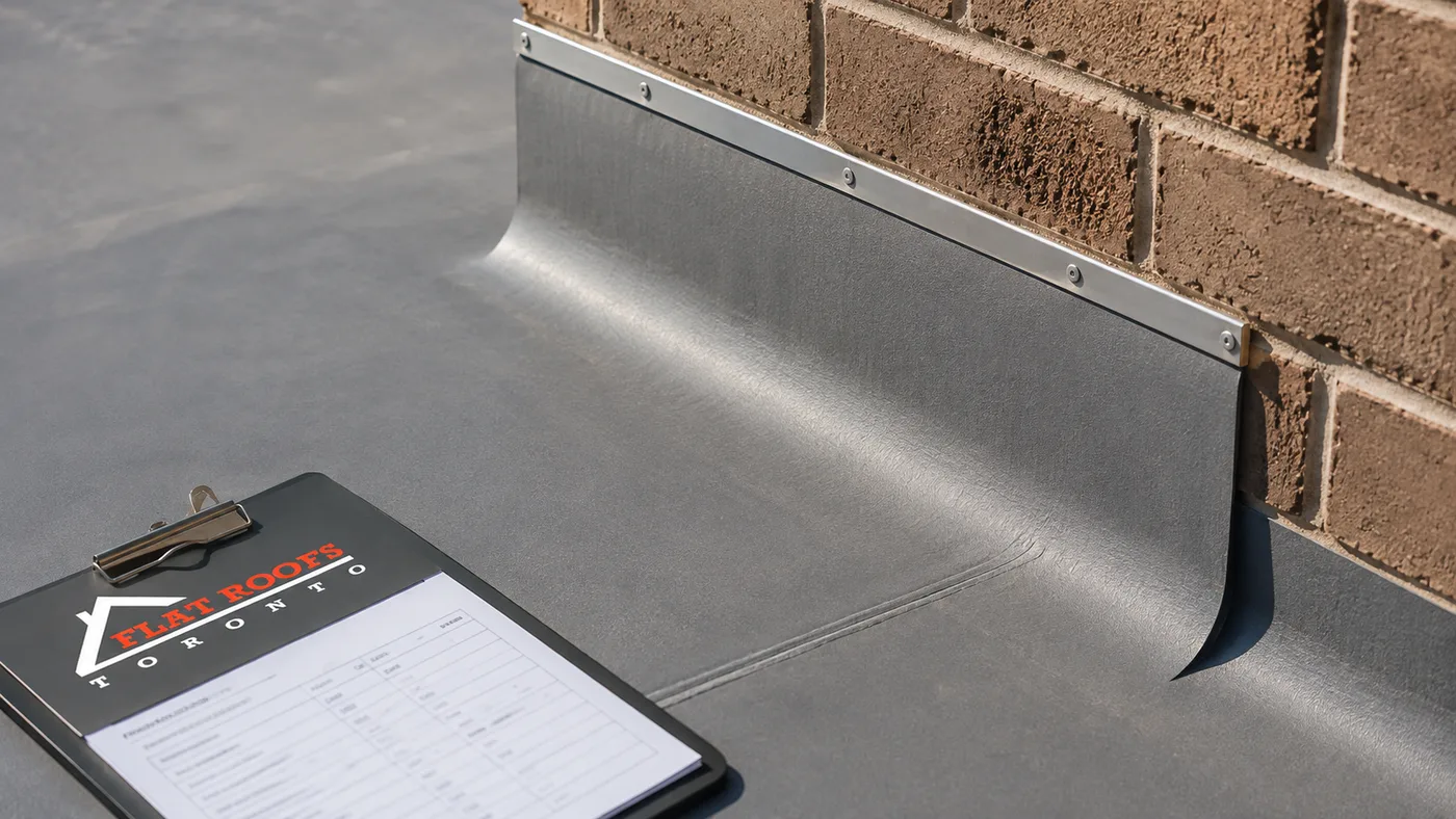 Close-up of heat-welded membrane seam and wall flashing on a flat roofing Pickering installation