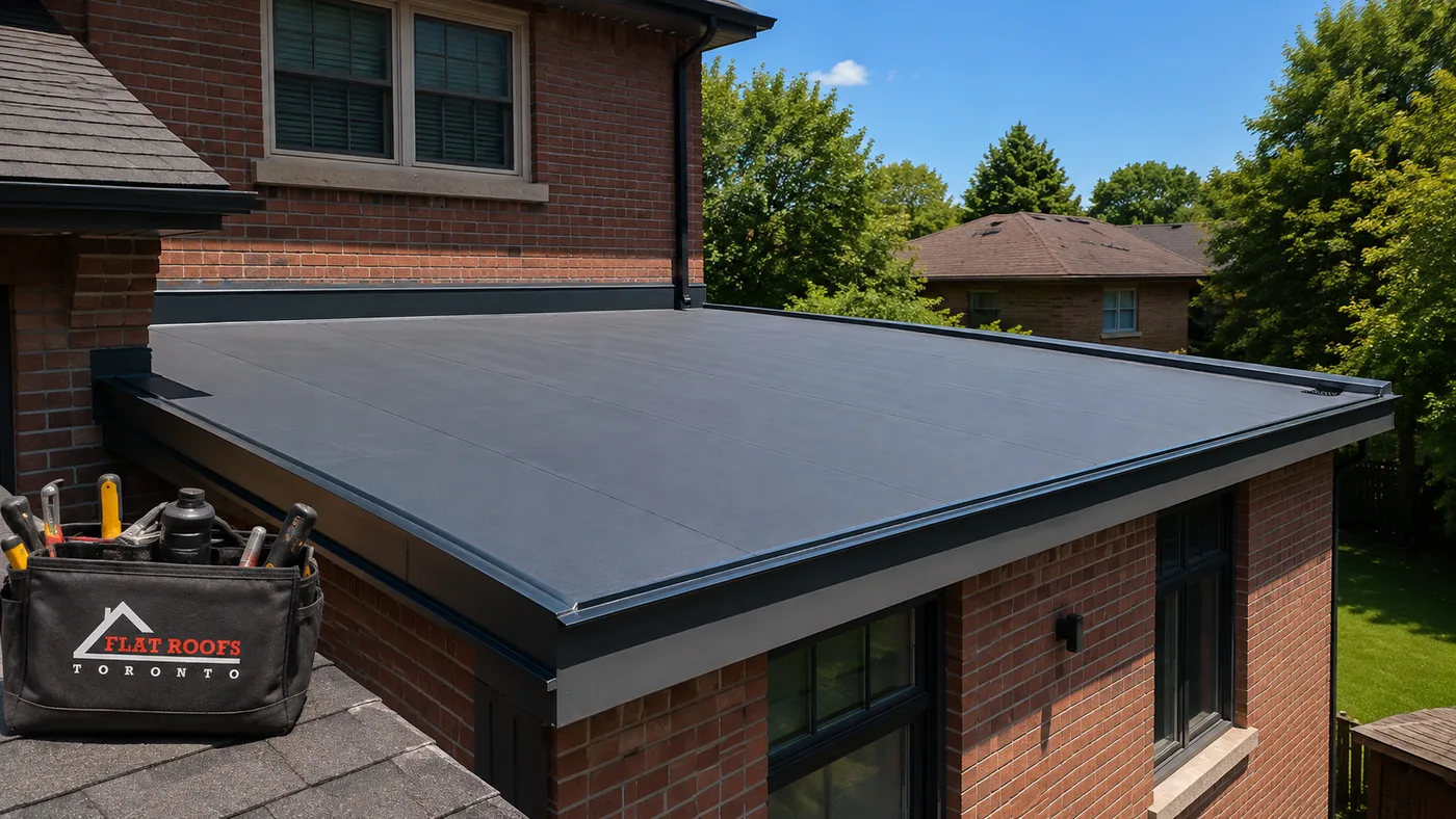 Low-slope membrane roof on a suburban Pickering home showing flat roofing Pickering installation detail