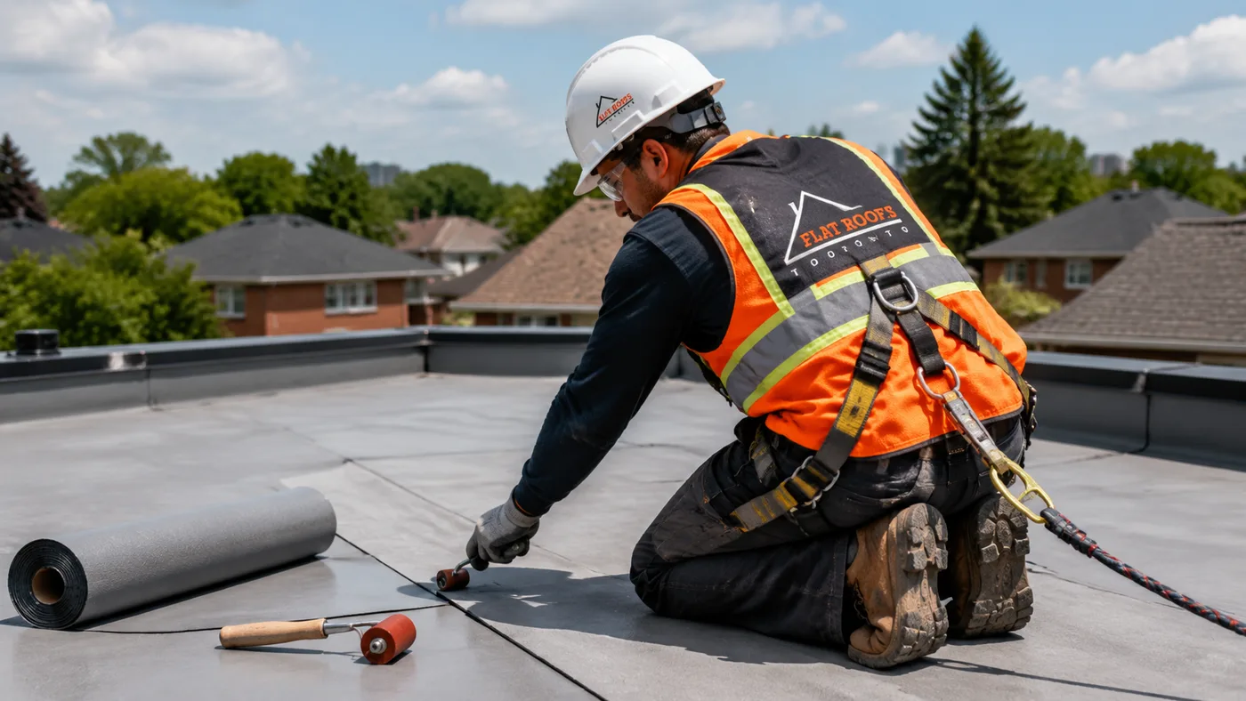 Roofer in full safety gear installing membrane during a flat roofing Pickering replacement project