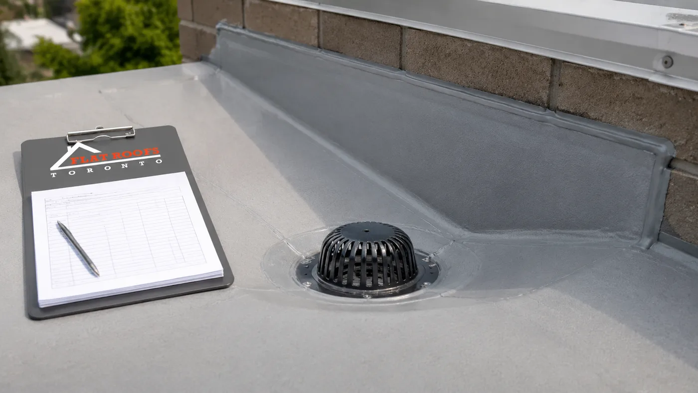 Close-up detail of flat roofing membrane flashing and drain assembly on a Vaughan low-slope roof