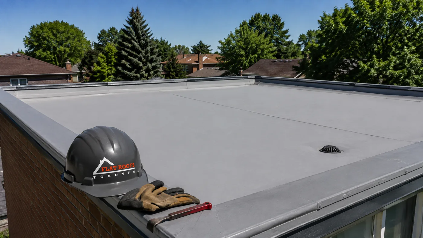 Newly installed flat roofing on a Vaughan home showing a clean membrane surface and parapet edge