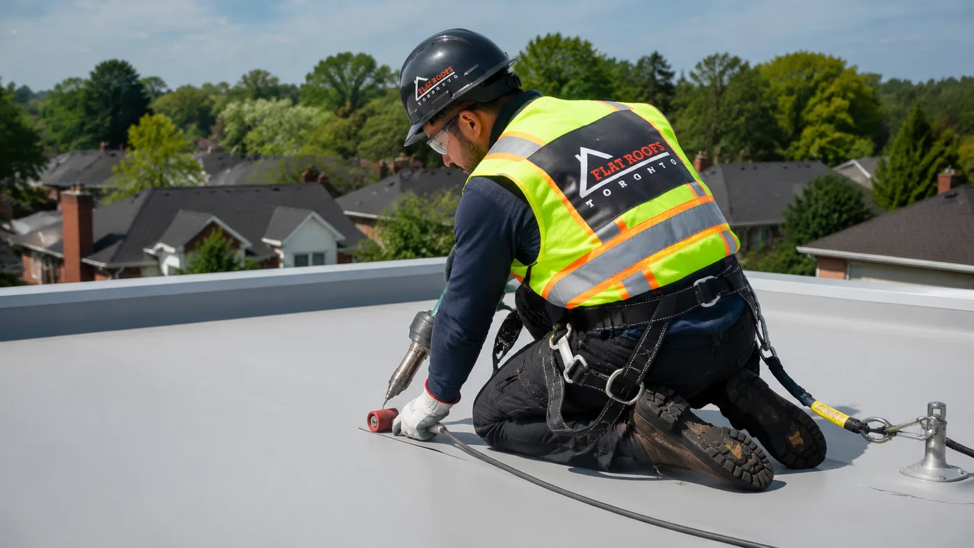 Roofer in full safety gear heat-welding a flat roofing membrane seam on a Vaughan home