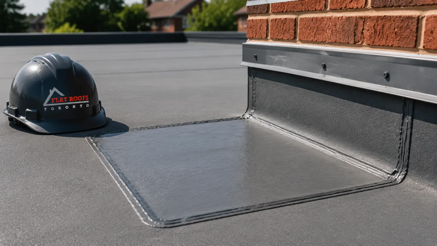 Close detail of a completed flat roof repair seam and flashing on a Vaughan home low-slope roof