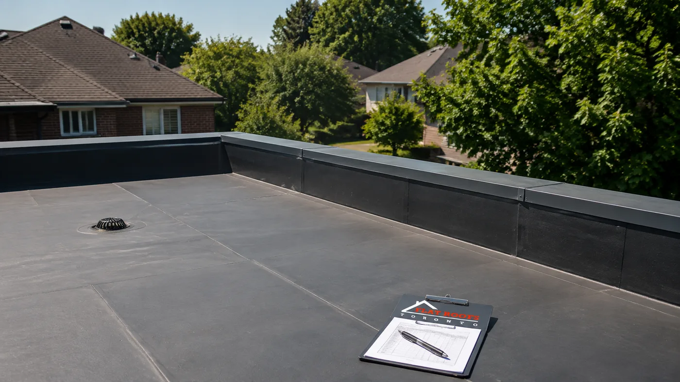 Low-slope membrane roof on a Vaughan area home showing seams and drainage before flat roof repair