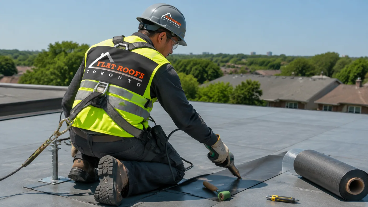 Roofer in full safety gear performing flat roof repair on a Vaughan area low-slope membrane roof
