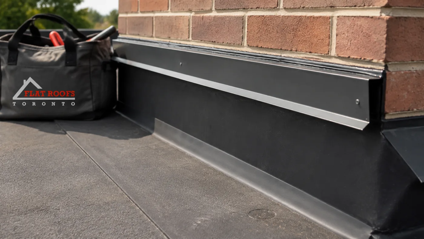 Close detail of completed flat roof repair in Richmond Hill showing new membrane flashing at a parapet wall
