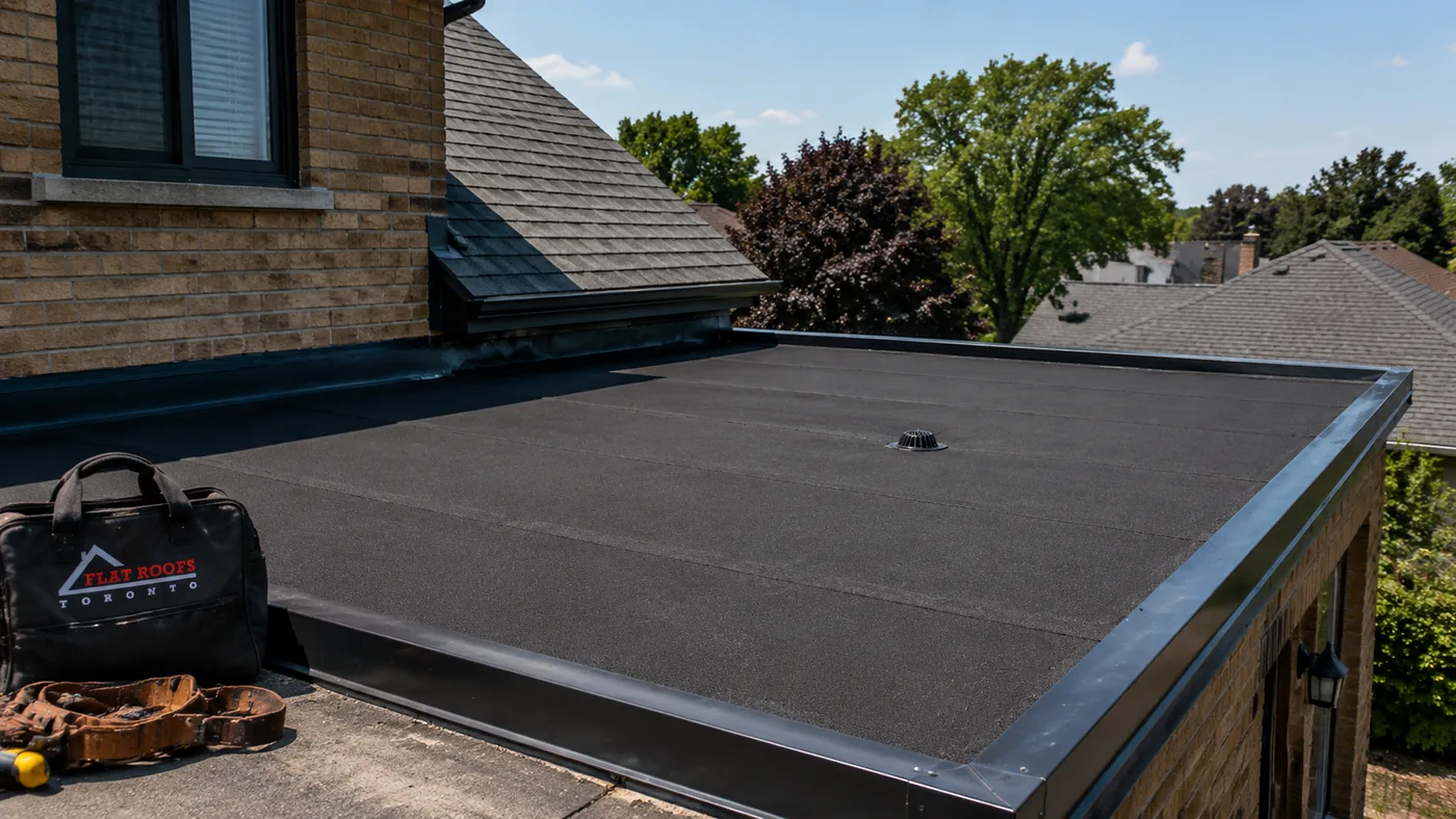 Low-slope flat roof repair in Richmond Hill on a suburban home with a modified bitumen membrane deck