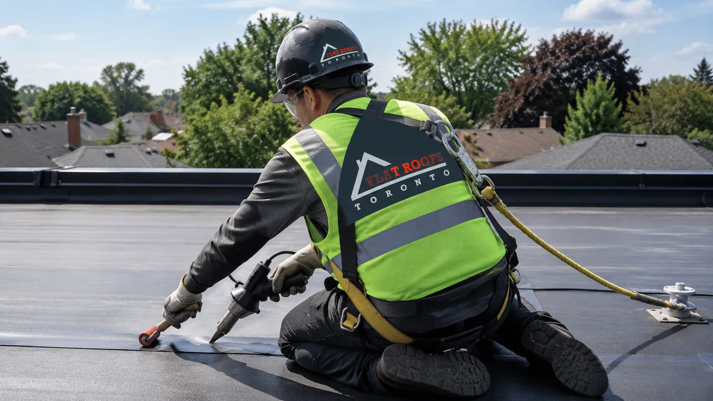 Roofer performing flat roof repair in Richmond Hill by heat welding a membrane seam on a low-slope deck