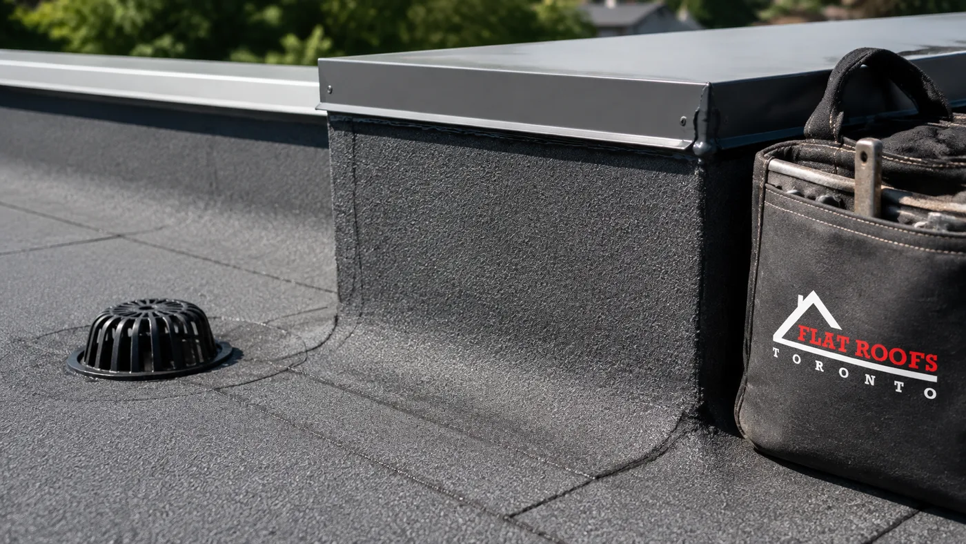 Close detail of membrane flashing and drain assembly after a flat roof replacement in Vaughan home project