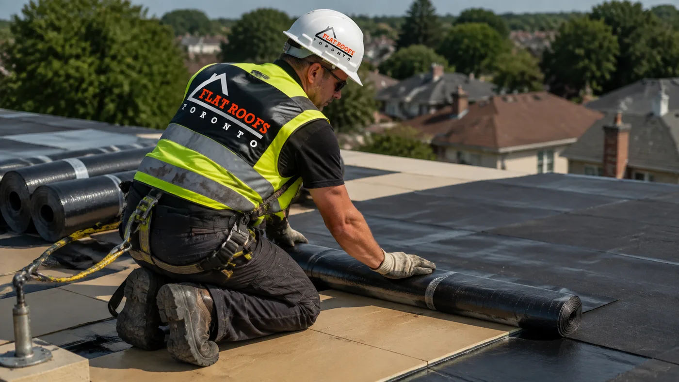 Roofer in full safety gear installing membrane during a flat roof replacement in Vaughan on a summer day