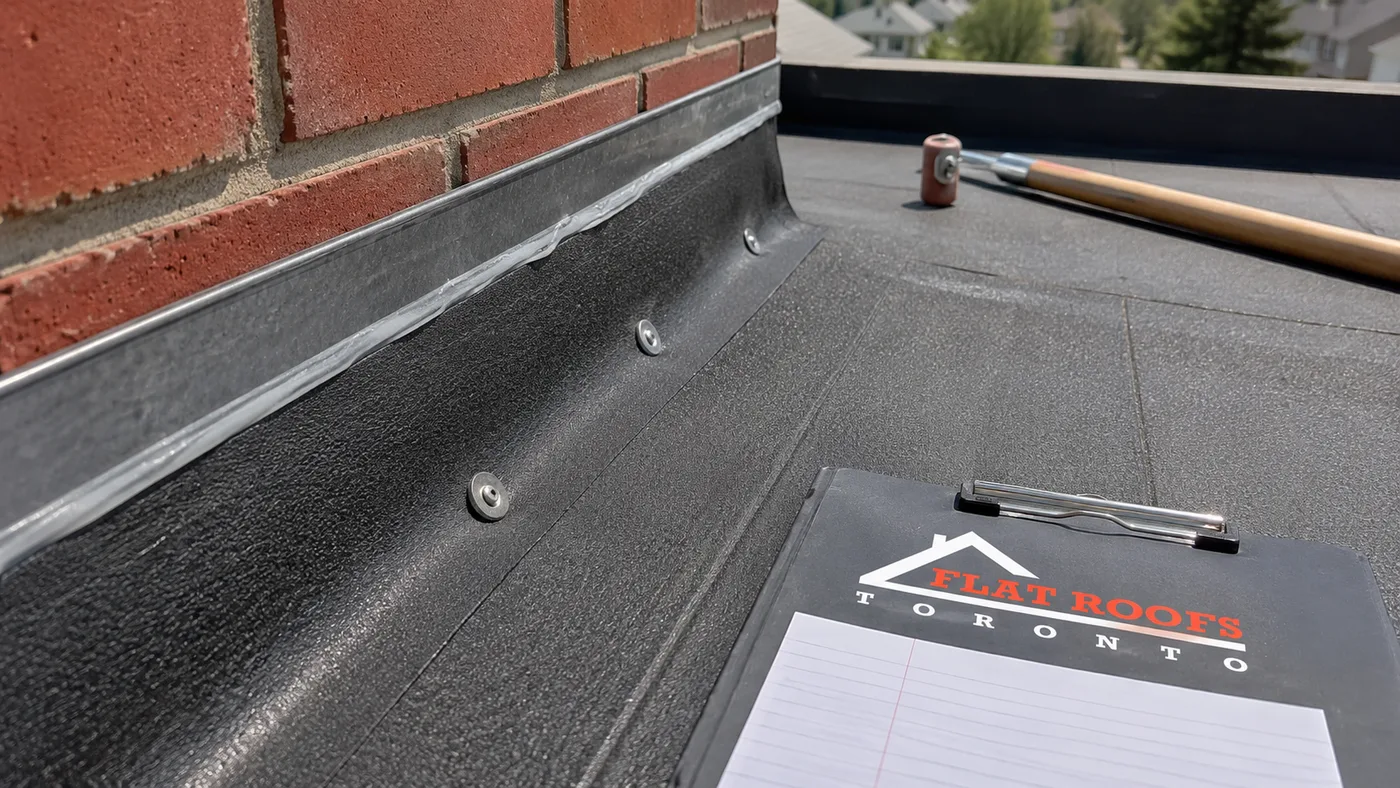 Close detail of flat roofing membrane flashing and metal edge terminating against a brick wall on a Newmarket house