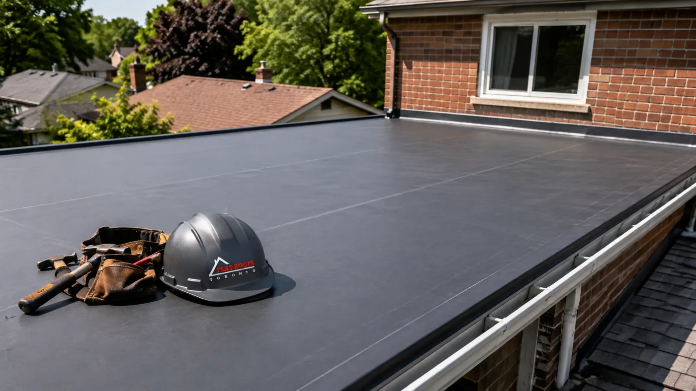 Newly installed flat roofing on a Newmarket home addition with clean membrane seams and drainage in summer