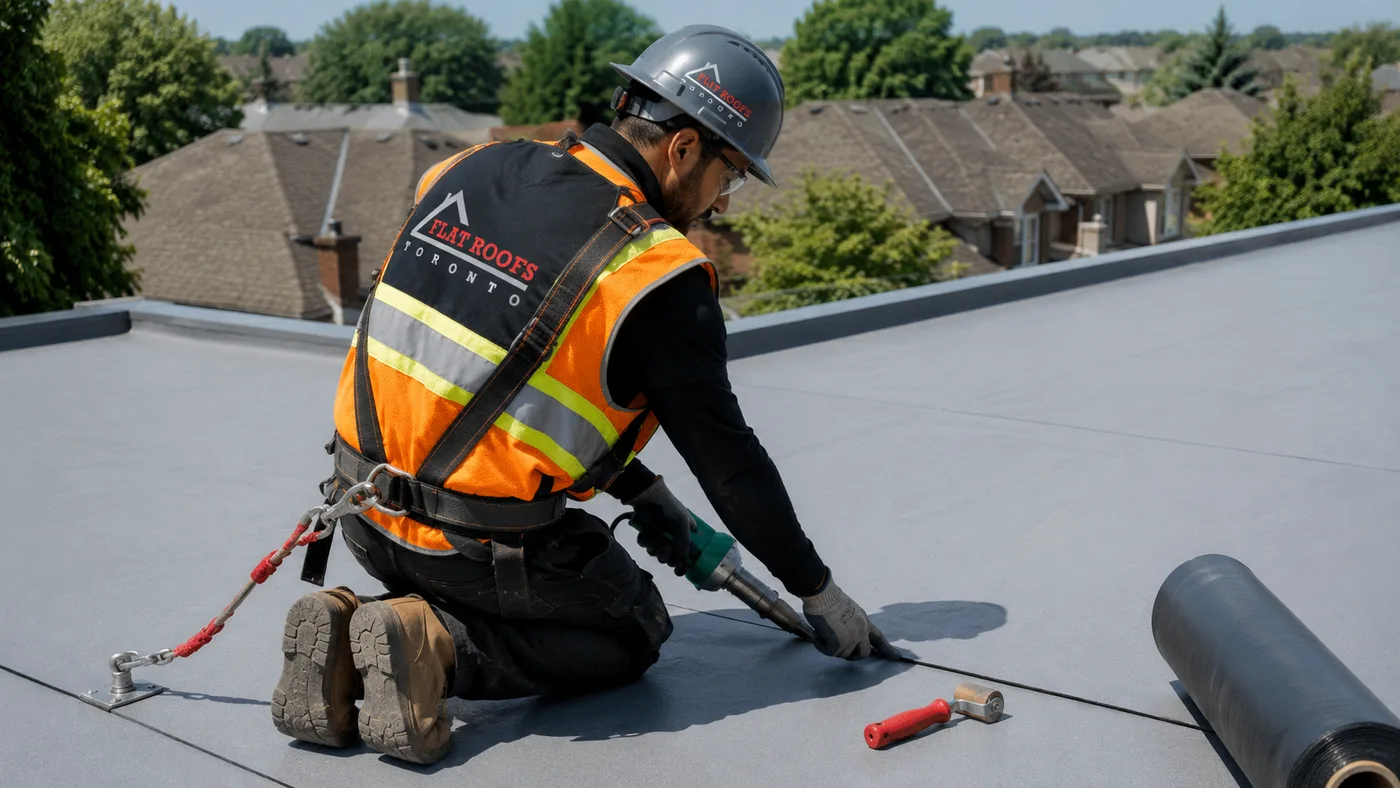 Roofer in full safety gear heat welding flat roofing membrane seams on a Newmarket home in summer