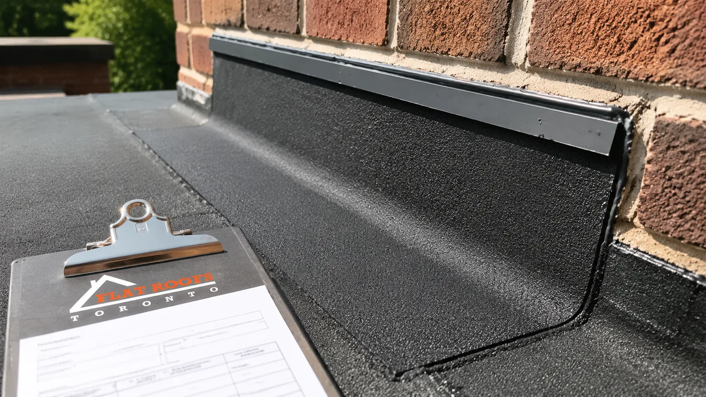 Close-up detail of a completed flat roof repair Markham membrane patch sealed at a wall flashing