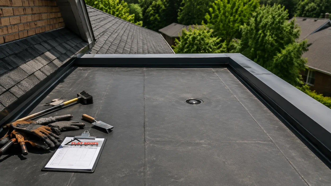 Low-slope flat roof on a Markham home showing membrane seams and a roof drain in summer daylight